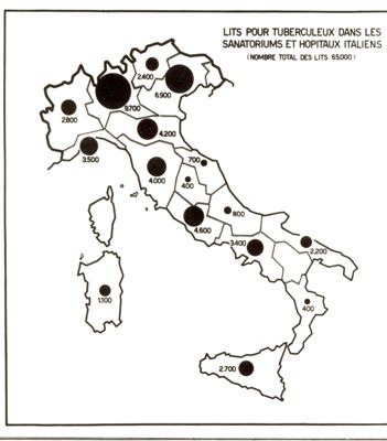 Cartogramma riguardante il numero dei letti per tubercolosi nei sanatori e ospedali italiani