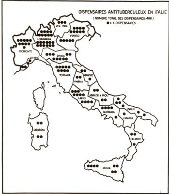 Cartogramma riguardante il numero dei dispensari antitubercolari in Italia