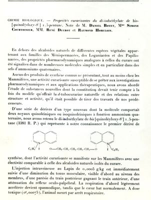 Chimica biologica - Proprietà curarizzanti del diiodoetilato di bis-(8-ossichinolin)1-5-pentano. Nota di Daniel Bovet, Simon Courvoisier, René Ducrot e Horclois