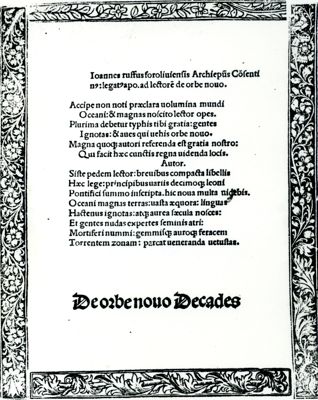 Curari - Frontespizio e prima pagina del "De orbe novo decades" di Pietro Martire d'Anghiera, primo testo in cui si trovi menzione del Curaro