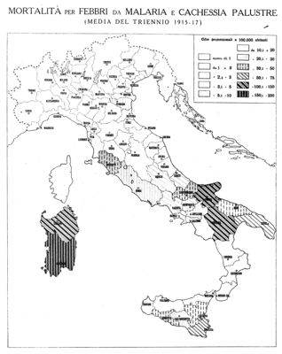 Cartogramma riguardante la mortalità per febbri da malaria e cachessia palustre (media triennio 1915-1917)