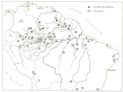 Carta di distribuzione dei curari e delle Strychnos nell'America Meridionale