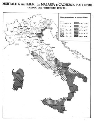 Cartogramma riguardante la mortalità per febbri di malaria e cachessia palustre (media del triennio 1921-23)