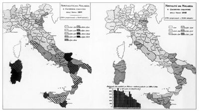 Cartogrammi riguardanti la mortalità per malaria e cachessia palustre negli anni 1900 e 1908