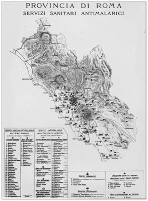 Cartogramma riguardante i Servizi Sanitari Antimalarici nella provincia di Roma