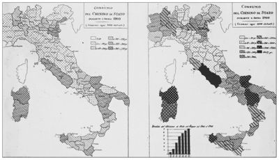 Cartogrammi riguardanti il consumo di Chinino di Stato durante gli anni 1903-1908