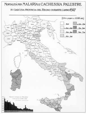 Cartogramma riguardante la mortalità per malaria e cachessia palustre in ciascuna provincia del Regno durante l'anno 1927