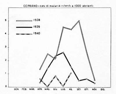 Diagramma riguardante i casi di malaria su 1000 abitanti a Ceprano
