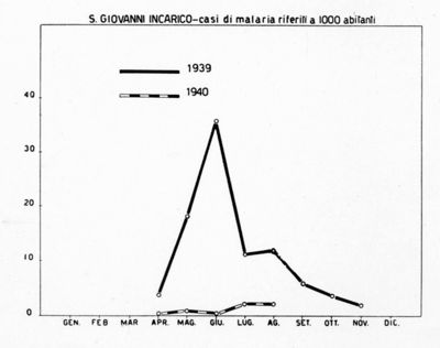Diagramma riguardante i casi di malaria su 1000 abitanti a S. Giovanni Incarico