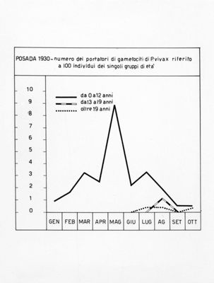 Diagramma riguardante il numero dei portatori di gametociti di P. Vivax riferito a 100 individui dei singoli gruppi di età a Posada nel 1930