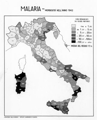 Cartogramma riguardante la morbosità per malaria nell'anno 1942