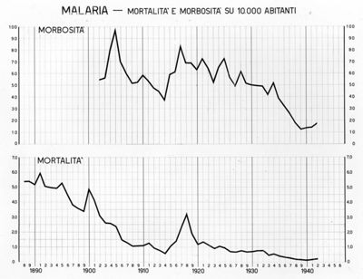 Diagramma riguardante la mortalità e morbosità per malaria su 10.000 abitanti