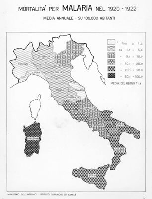 Cartogramma riguardante la mortalità per malaria nel periodo 1920 - 1922