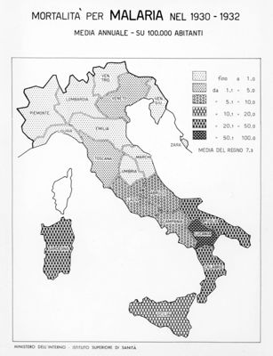 Cartogramma riguardante la mortalità per malaria nel periodo 1930 - 1932