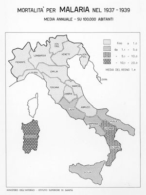 Cartogramma riguardante la mortalità per malaria nel periodo 1937-1939