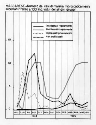 Diagramma riguardante il numero dei casi di malaria ecc. a Maccarese negli anni 1944-1945
