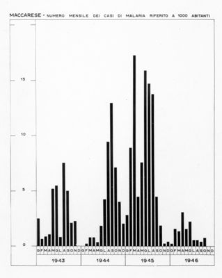 Diagramma riguardante il numero mensile dei casi di Malaria riferito a 1000 abitanti (1945-46) a Maccarese