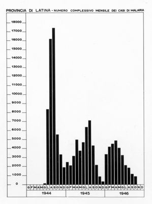 Diagramma riguardante il numero mensile dei casi di Malaria nella provincia di Latina negli anni: 1944-45-46