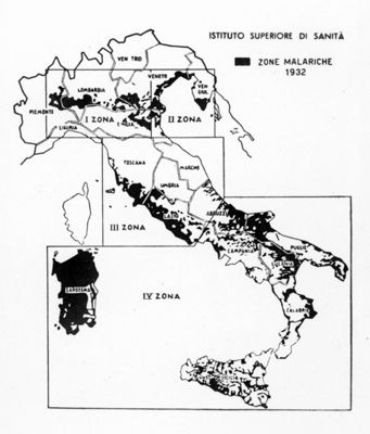Cartogramma riguardante le zone malariche in Italia nel 1932 con divisione in zone
