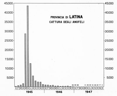 Istogrammi relativi a studi sulla Malaria nella Provincia di Latina tra gli anni 1944-1947