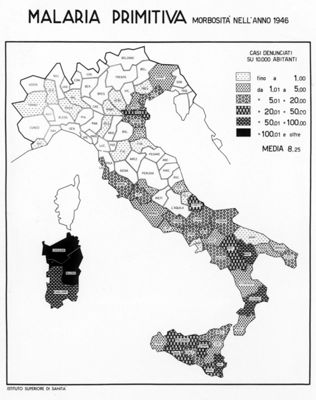 Cartogramma riguardante la Malaria primitiva - morbosità nell'anno 1946