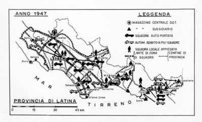 Cartogramma riguardante l'organizzazione del DDT nella provincia di Latina negli anni 1947 e 1949