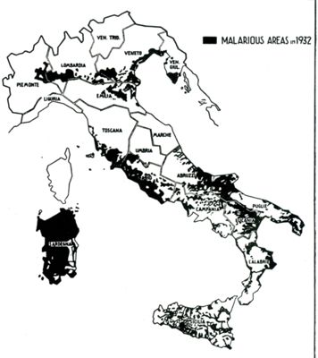 Cartogramma della diffusione della Malaria in Italia