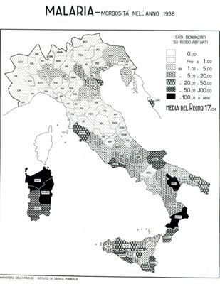 Cartogramma raffigurante la morbosità nel Regno per malaria