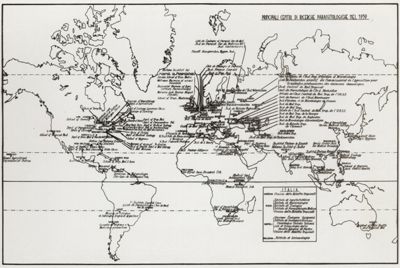 Carta geografica recante i principali centri di ricerche parassitologiche nel 1939