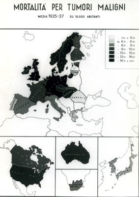 Cartogramma riguardante la mortalità per Tumori Maligni negli anni: 1935-37, 1887-89 e 1936-38