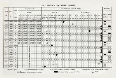 Tabella riguardante il trattamento dei polli con tartaro stibiato