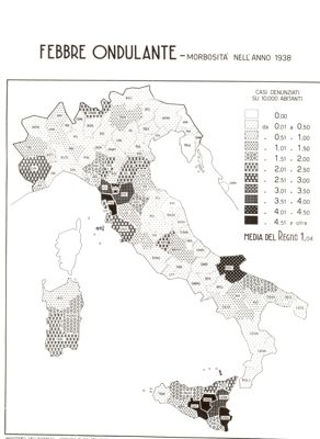 Cartogramma raffigurante la morbosità nel Regno, per Febbre Ondulante