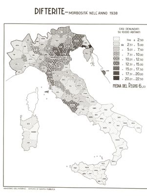 Cartogramma raffigurante la morbosità nel Regno per Difterite