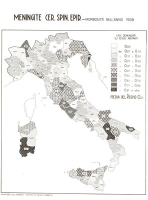 Cartogramma raffigurante la morbosità nel Regno, per Meningite Cerebro Spinale Epidemiologica