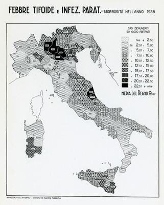 Cartogramma raffigurante la morbosità nel Regno, per Febbre Tifoide e Infezioni Paratifiche