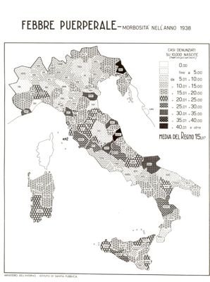 Cartogramma raffigurante la morbosità nel Regno, per Febbre Puerperale