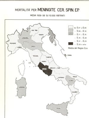 Cartogramma riguardante la mortalità per Meningite Cerebro Spinale Epidemiologica
