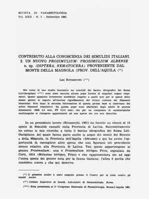 Articolo da Rivista di Parassitologia - Volume XXII, n. 3 - Settembre 1961; titolo: "Contributo alla conoscenza dei simulidi italiani..."