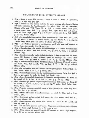 Riproduzione della Rivista di Biologia pag.150 - Bibliografia di Giovanni Battista Grassi