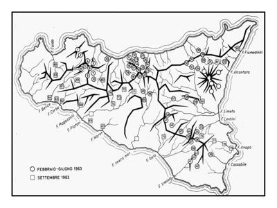 Carta della Sicilia con collocazione di siti di studio relativi ad una ricerca sul campo (1963)