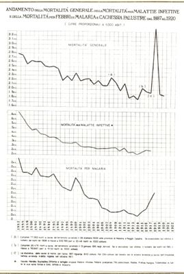 Andamento della mortalità generale, della mortalità per malattie infettive e per febbri di malaria e cachessia palustre dal 1887 al 1920