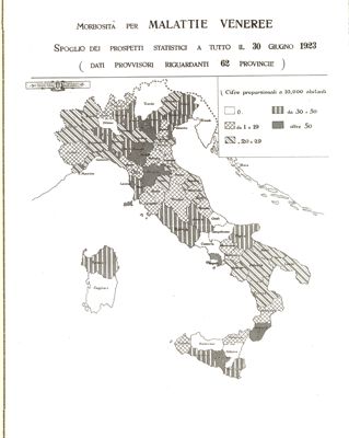 Cartogramma riguardante la morbosità per malattie veneree. Spoglio dei prospetti statistici a tutto il 30 giugno 1923.