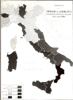 Cartogramma riguardante la morbosità per sifilide nell'esercito in ciascuna Divisione militare nell'anno 1901