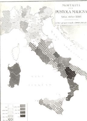 Cartogramma riguardante la mortalità per pustola maligna nell'anno 1888