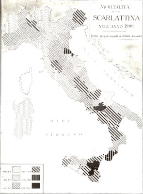 Cartogramma riguardante la mortalità per scarlattina nell'anno 1909