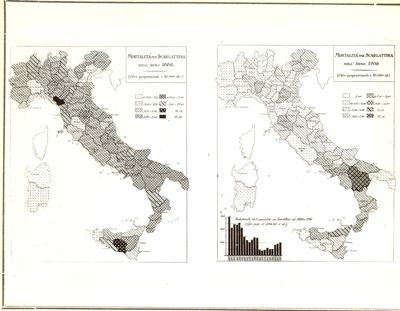 Cartogrammi riguardanti la mortalità per scarlattina negli anni 1888 e 1908