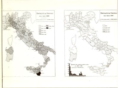 Cartogrammi riguardanti la mortalità per vaiolo negli anni 1888 e 1908