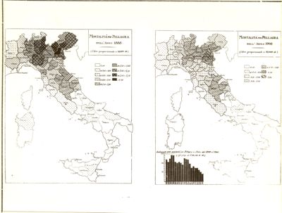 Cartogrammi riguardanti la mortalità per pellagra negli anni 1888 e 1908