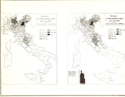 Cartogrammi riguardanti il numero dei pellagrosi censiti negli anni 1899 e 1909