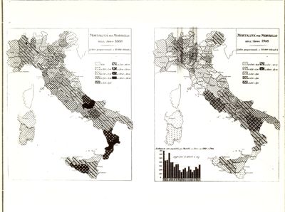 Cartogrammi riguardanti la mortalità per morbillo negli anni 1888 e 1908